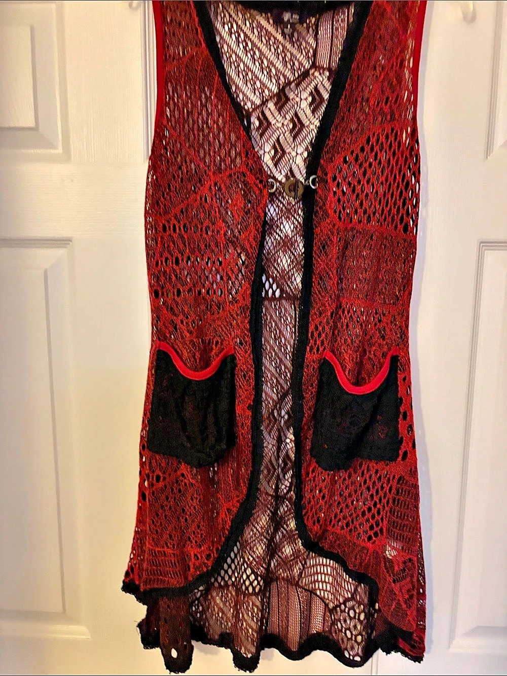 Lily by Firmiana Open Front Mesh Cardigan in Red & Black Size Small